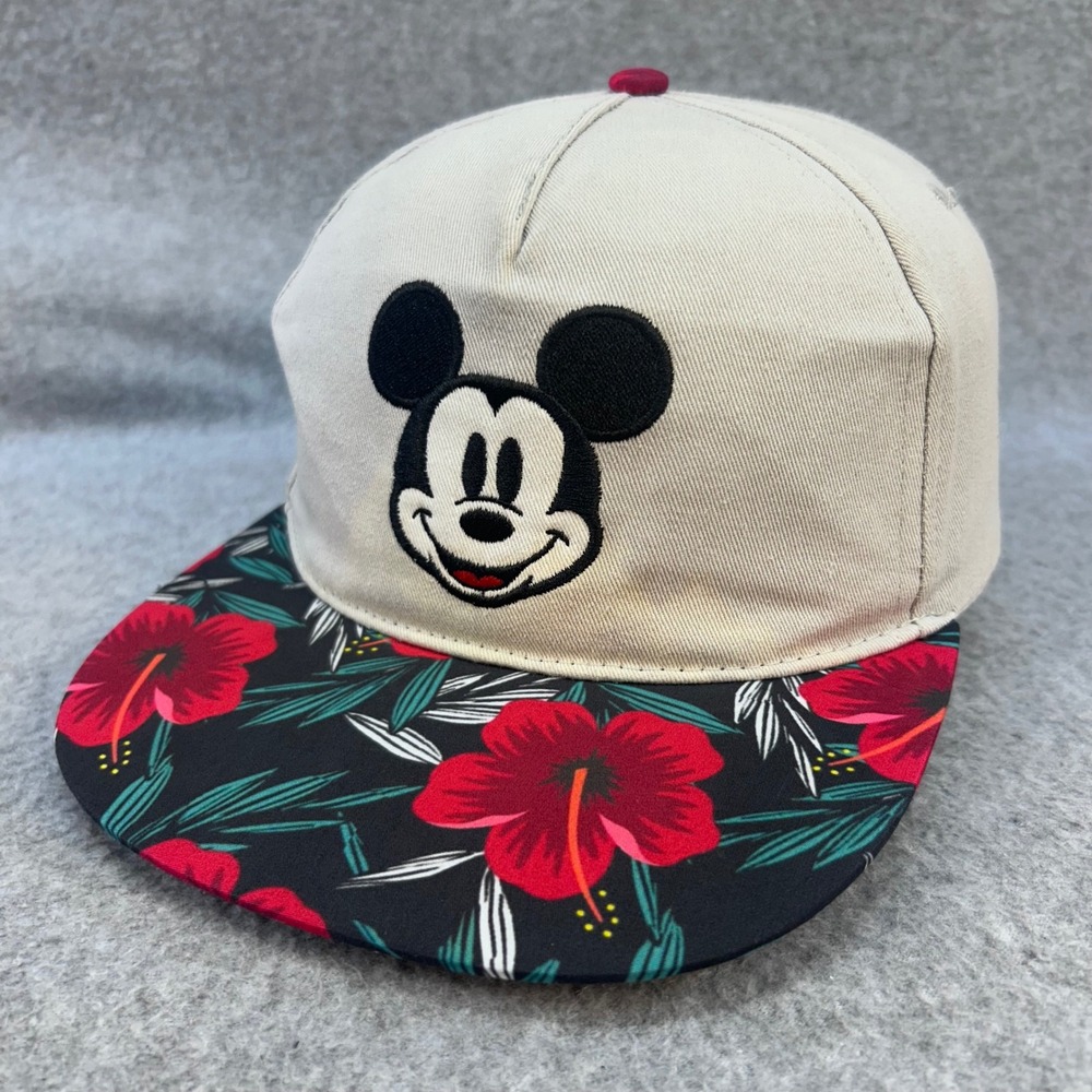 Mickey Mouse Unisex Tan Disney Snapback Hat Tropical Floral Hibiscus OSFM